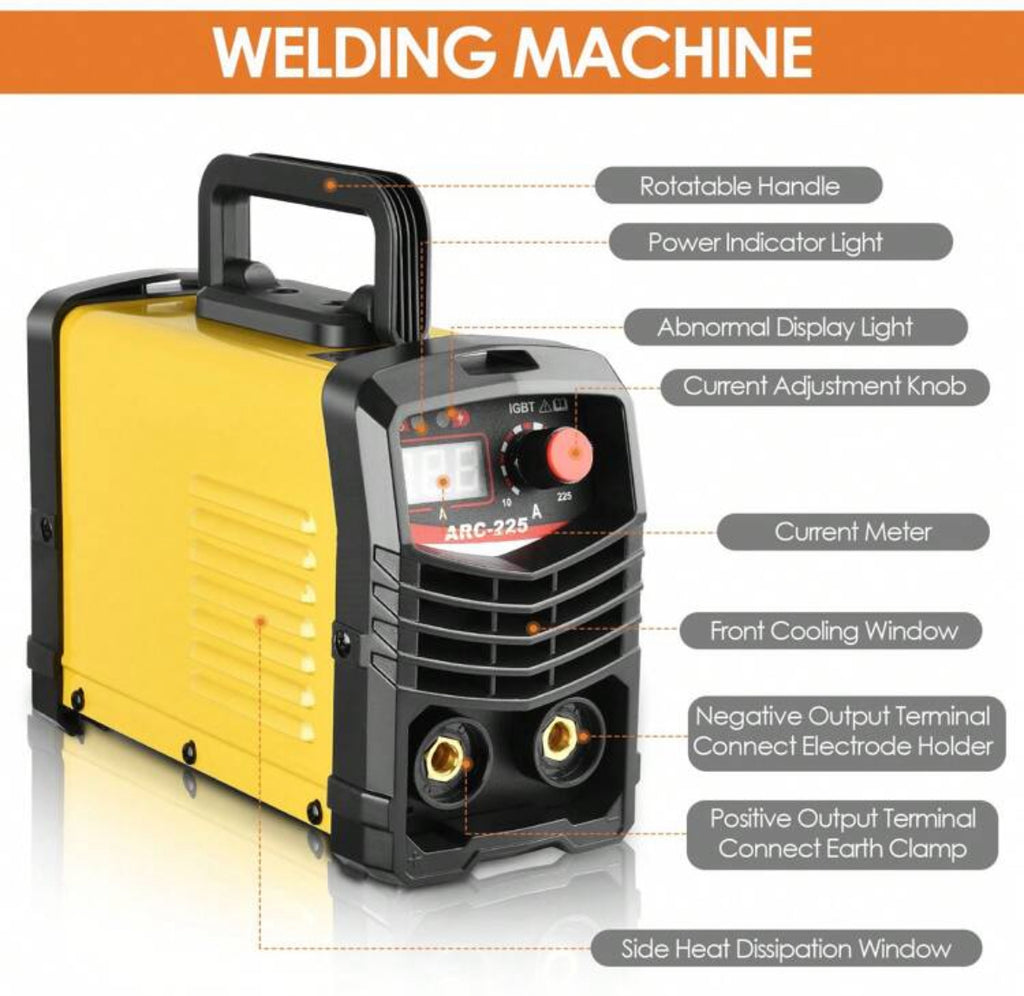 Portable ARC-225 station with électrode holder,ground clip, mask, brush, welding rods.