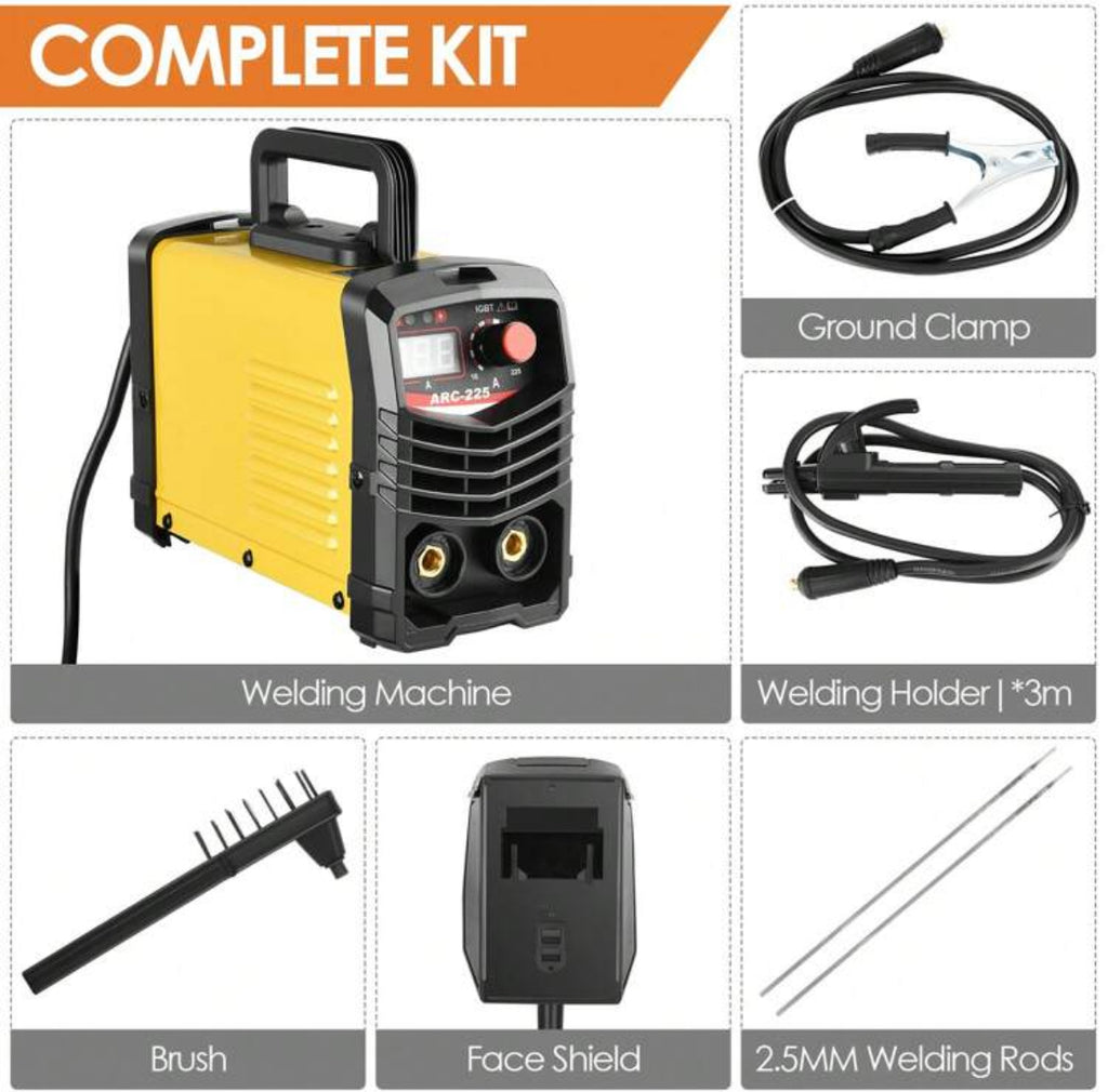 Portable ARC-225 station with électrode holder,ground clip, mask, brush, welding rods.